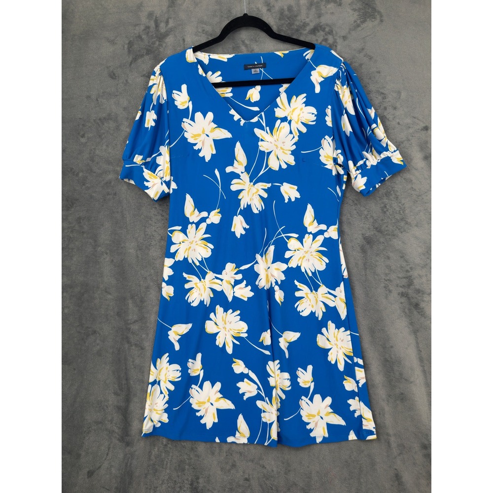 Tommy Hilfiger Dress Womens Size 14 Floral Puff Sleeve Office Feminine Blue Zip